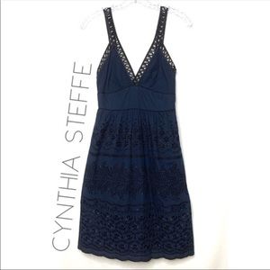 Cynthia Steffe navy blue black lace eyelet dress 2 XS designer free shipping